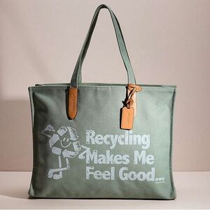 Coach Tote 42 Recycling Makes Me Feel Good Large Canvas Tote Brass/Iceberg Green